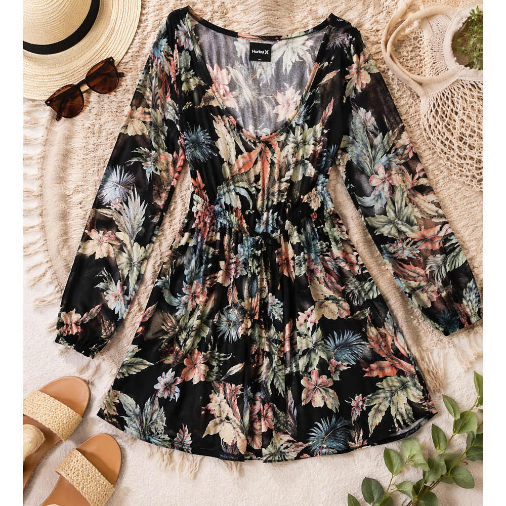 Hurley Tropical Print Mini Dress Black Floral Long Sleeve Beach Resort: Large